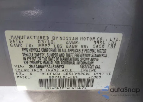 2010 Nissan Sentra 2.0 z USA, uszkodzony, nr VIN 3N1AB6AP3AL676673